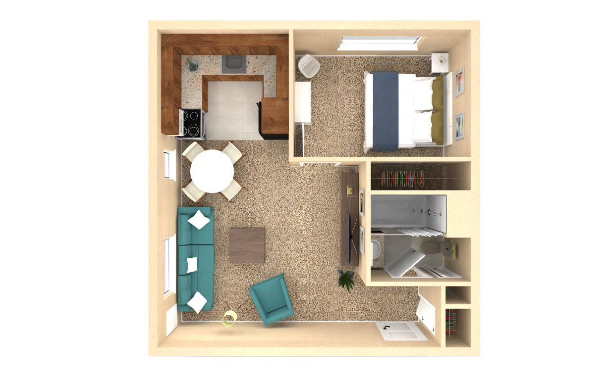 Floor plan for 1 bed, 1 bath, 528 sqft